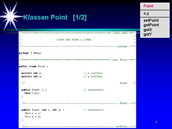 Point Klassen Point [1/2] x, y set. Point get. X get. Y 4 