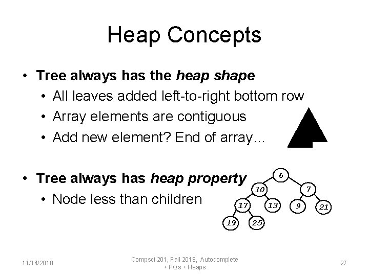 Heap Concepts • Tree always has the heap shape • All leaves added left-to-right