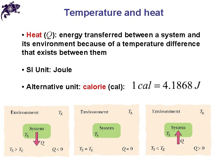 Temperature and heat • Heat (Q): energy transferred between a system and its environment Temperature and heat • Heat (Q): energy transferred between a system and its environment