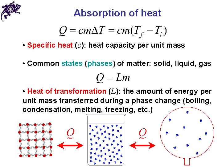 Absorption of heat • Specific heat (c): heat capacity per unit mass • Common Absorption of heat • Specific heat (c): heat capacity per unit mass • Common