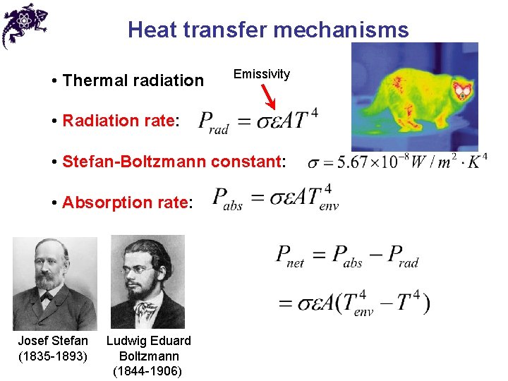 Heat transfer mechanisms • Thermal radiation Emissivity • Radiation rate: • Stefan-Boltzmann constant: • Heat transfer mechanisms • Thermal radiation Emissivity • Radiation rate: • Stefan-Boltzmann constant: •