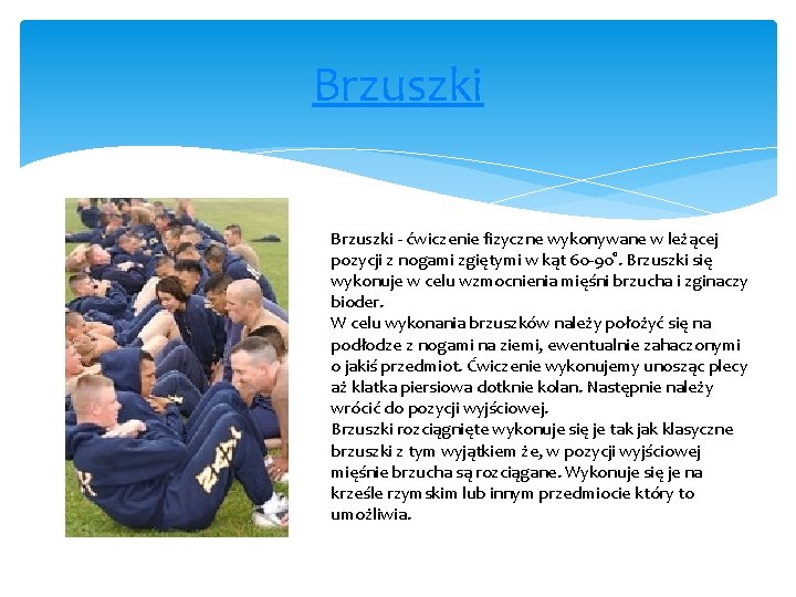 Brzuszki - ćwiczenie fizyczne wykonywane w leżącej pozycji z nogami zgiętymi w kąt 60