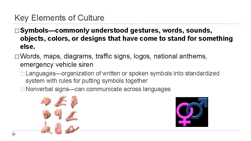 Key Elements of Culture � Symbols—commonly understood gestures, words, sounds, objects, colors, or designs