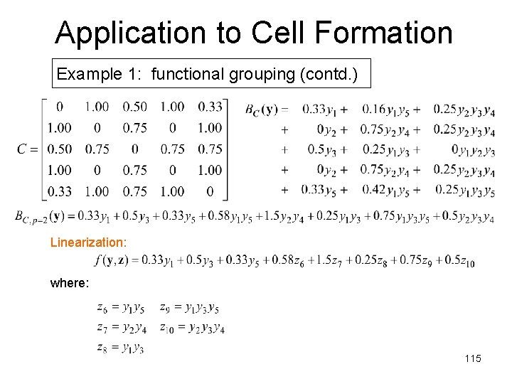 Application to Cell Formation Example 1: functional grouping (contd. ) Linearization: where: 115 