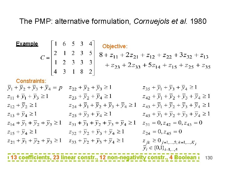 The PMP: alternative formulation, Cornuejols et al. 1980 Example Objective: Constraints: 13 coefficients, 23