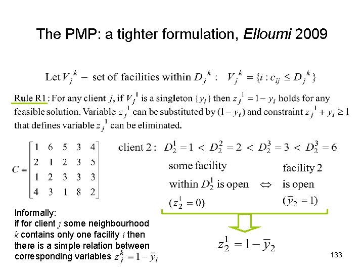 The PMP: a tighter formulation, Elloumi 2009 Informally: if for client j some neighbourhood