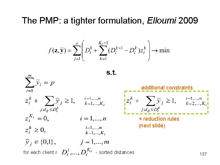 The PMP: a tighter formulation, Elloumi 2009 s. t. additional constraints + reduction rules