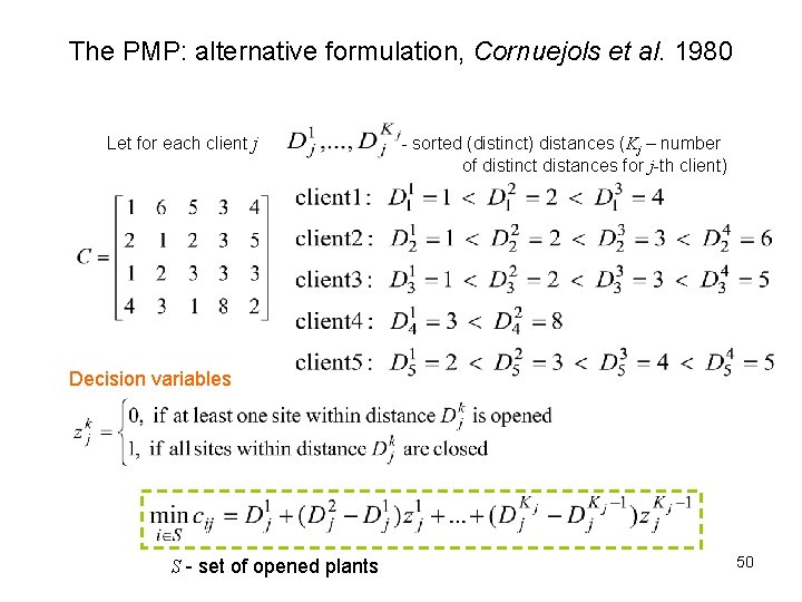 The PMP: alternative formulation, Cornuejols et al. 1980 Let for each client j -