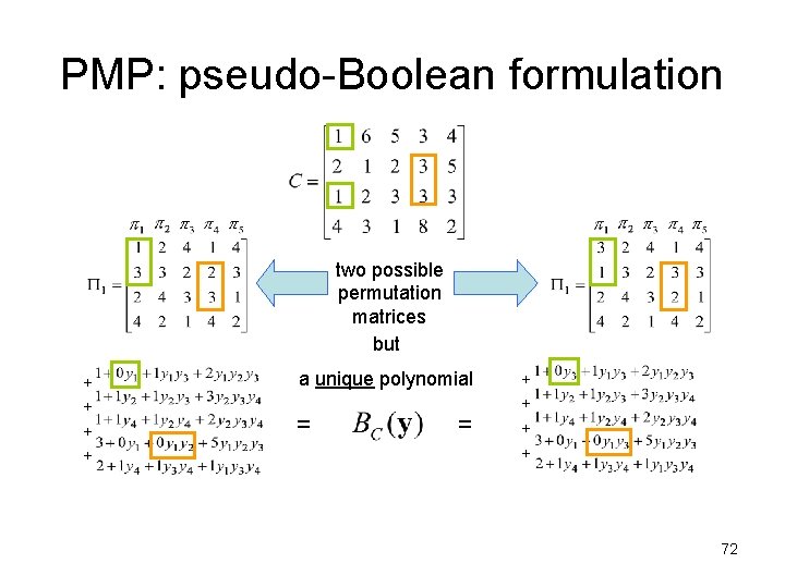 PMP: pseudo-Boolean formulation two possible permutation matrices but = = + + a unique