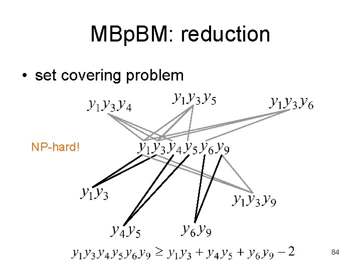 MBp. BM: reduction • set covering problem NP-hard! 84 