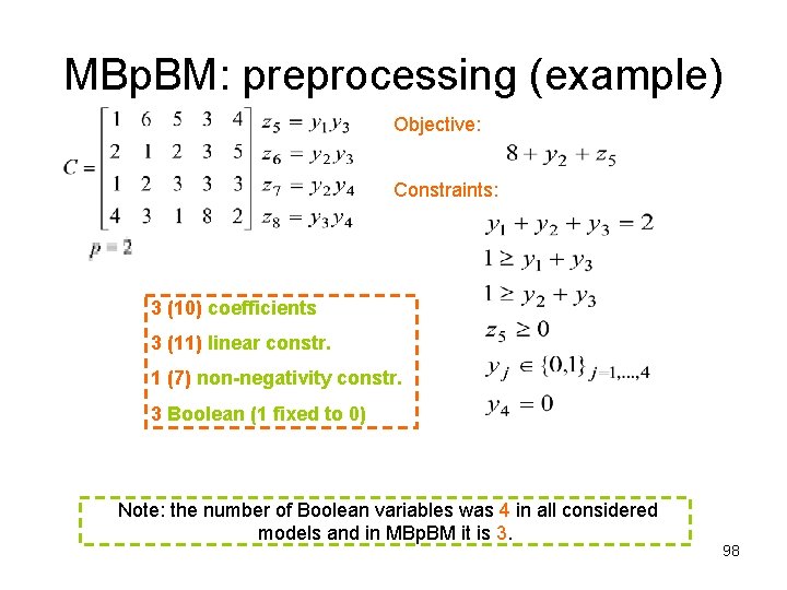 MBp. BM: preprocessing (example) Objective: Constraints: 3 (10) coefficients 3 (11) linear constr. 1