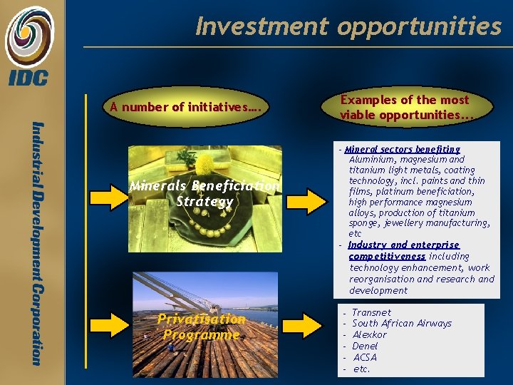 Investment opportunities A number of initiatives…. Minerals Beneficiation Strategy Examples of the most viable Investment opportunities A number of initiatives…. Minerals Beneficiation Strategy Examples of the most viable