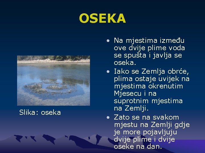 OSEKA Slika: oseka • Na mjestima između ove dvije plime voda se spušta i