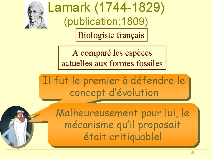Lamark (1744 -1829) (publication: 1809) Biologiste français A comparé les espèces actuelles aux formes