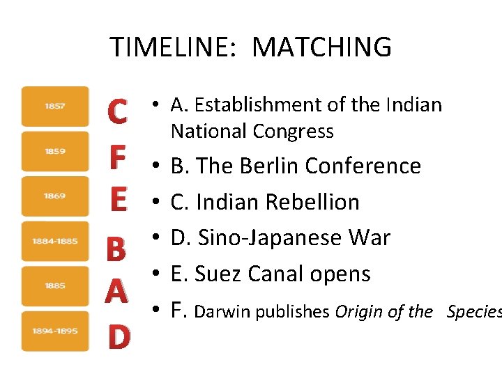 TIMELINE: MATCHING C F E B A D • A. Establishment of the Indian