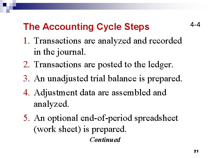 The Accounting Cycle Steps 1. Transactions are analyzed and recorded in the journal. 2.