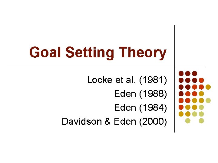 Goal Setting Theory Locke et al. (1981) Eden (1988) Eden (1984) Davidson & Eden