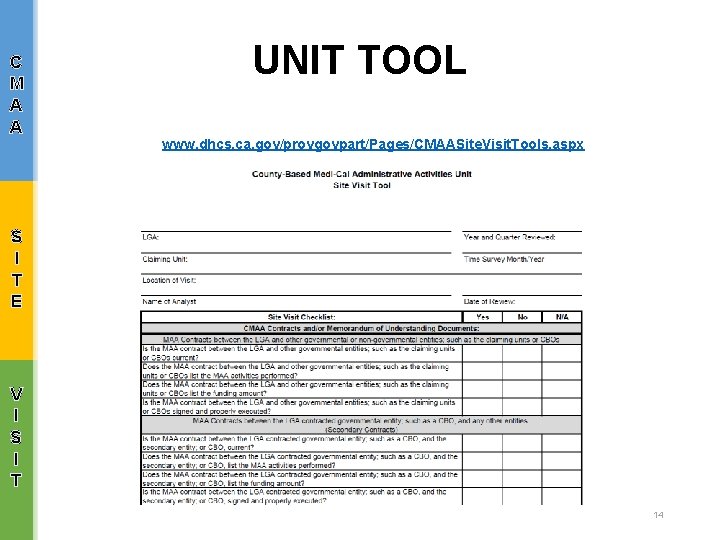 C M A A UNIT TOOL www. dhcs. ca. gov/provgovpart/Pages/CMAASite. Visit. Tools. aspx S