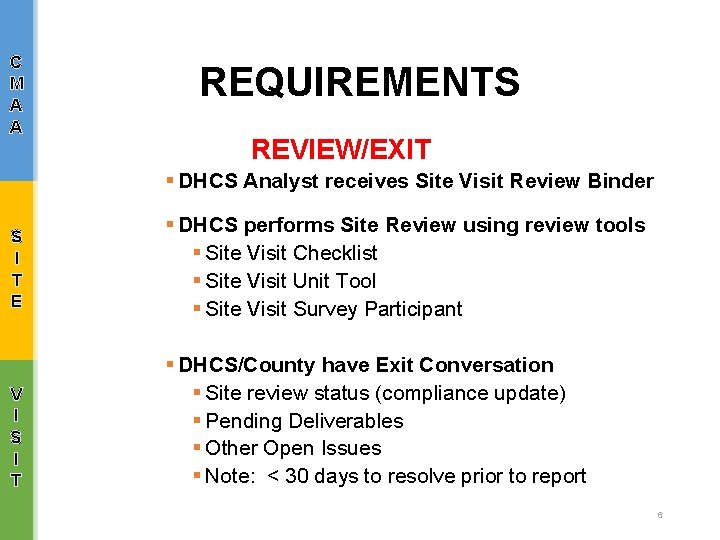 C M A A REQUIREMENTS REVIEW/EXIT § DHCS Analyst receives Site Visit Review Binder