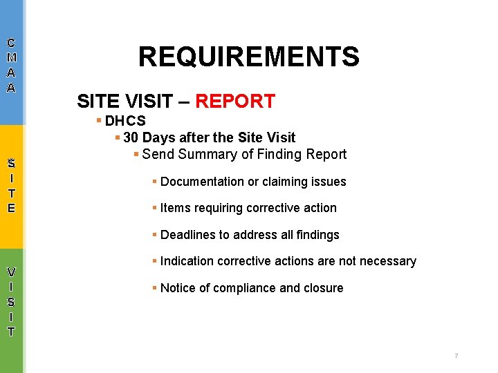 C M A A S I T E REQUIREMENTS SITE VISIT – REPORT §