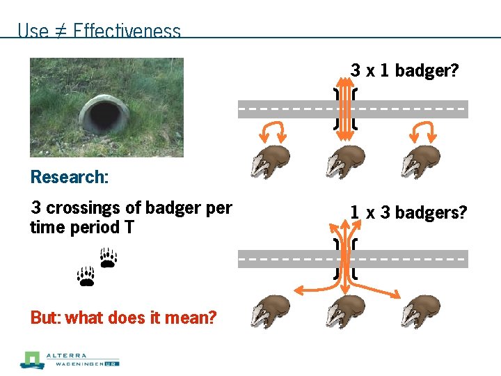 Use ≠ Effectiveness 3 x 1 badger? Research: 3 crossings of badger per time