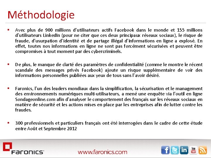 Méthodologie § Avec plus de 900 millions d’utilisateurs actifs Facebook dans le monde et