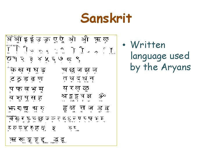 Sanskrit • Written language used by the Aryans 