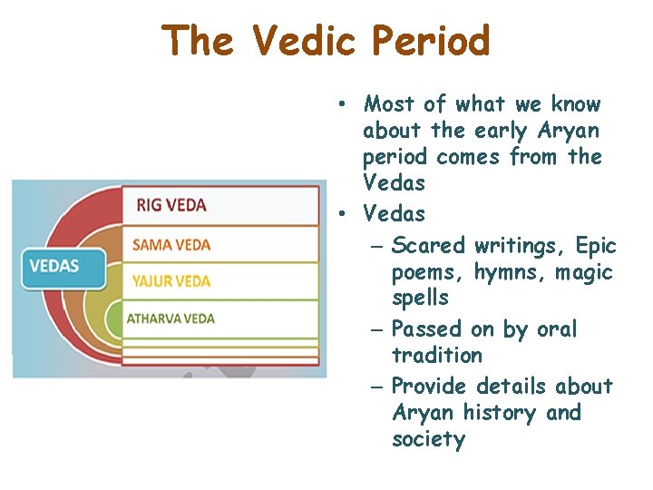 The Vedic Period • Most of what we know about the early Aryan period