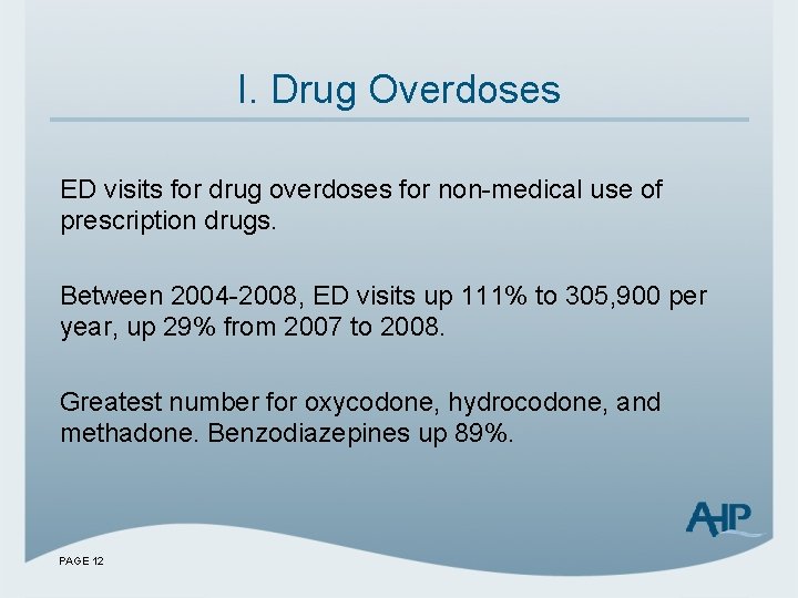 I. Drug Overdoses ED visits for drug overdoses for non-medical use of prescription drugs.