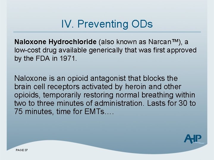 IV. Preventing ODs Naloxone Hydrochloride (also known as Narcan™), a low-cost drug available generically