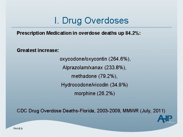 I. Drug Overdoses Prescription Medication in overdose deaths up 84. 2%: Greatest increase: oxycodone/oxycontin