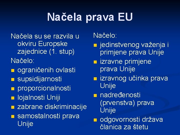 Načela prava EU Načelo: Načela su se razvila u okviru Europske n jedinstvenog važenja