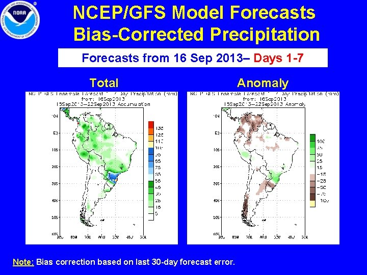 NCEP/GFS Model Forecasts Bias-Corrected Precipitation Forecasts from 16 Sep 2013– Days 1 -7 Total