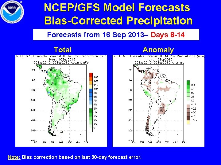 NCEP/GFS Model Forecasts Bias-Corrected Precipitation Forecasts from 16 Sep 2013– Days 8 -14 Total