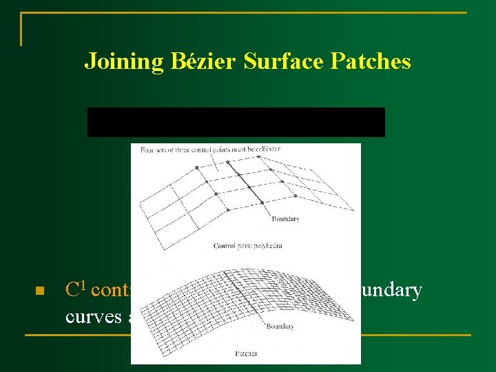 Joining Bézier Surface Patches n C 1 continuity requires aligning boundary curves and derivatives. Joining Bézier Surface Patches n C 1 continuity requires aligning boundary curves and derivatives.