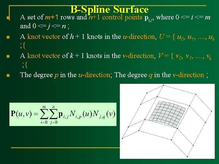 B-Spline Surface n n A set of m+1 rows and n+1 control points pi, B-Spline Surface n n A set of m+1 rows and n+1 control points pi,