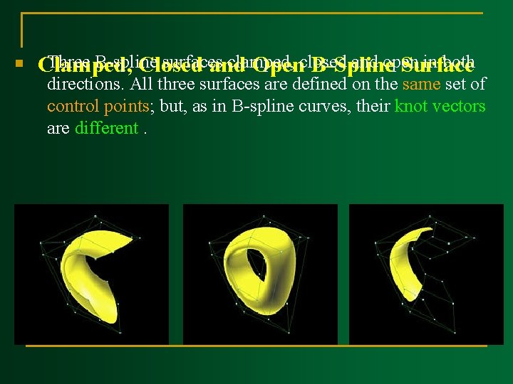 n Three B-spline surfaces clamped, and open in both Clamped, Closed and Openclosed B-Spline n Three B-spline surfaces clamped, and open in both Clamped, Closed and Openclosed B-Spline