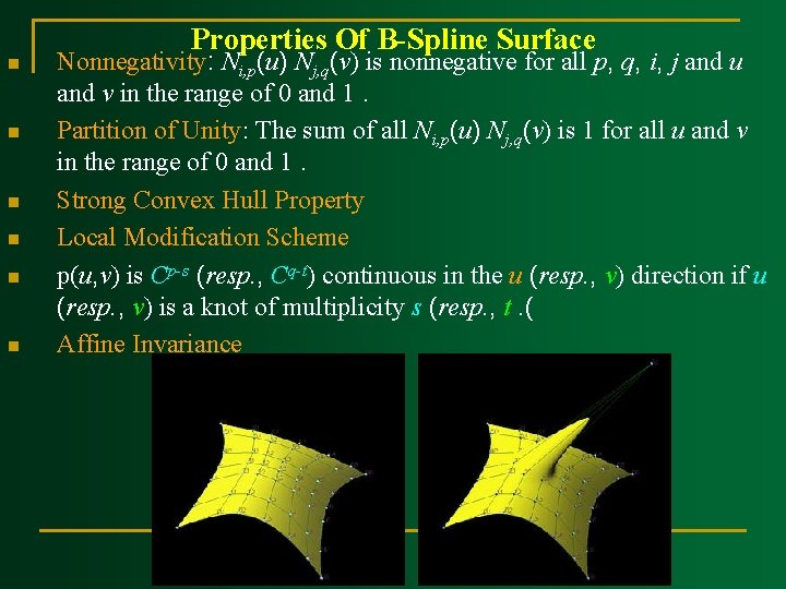 n n n Properties Of B-Spline Surface Nonnegativity: Ni, p(u) Nj, q(v) is nonnegative n n n Properties Of B-Spline Surface Nonnegativity: Ni, p(u) Nj, q(v) is nonnegative