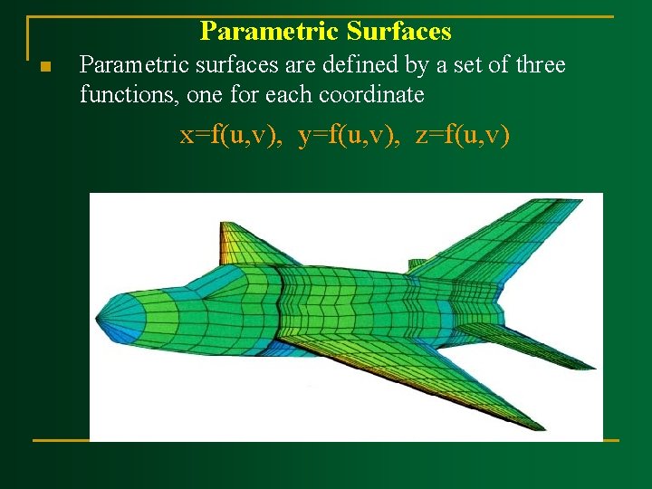 Parametric Surfaces n Parametric surfaces are defined by a set of three functions, one Parametric Surfaces n Parametric surfaces are defined by a set of three functions, one