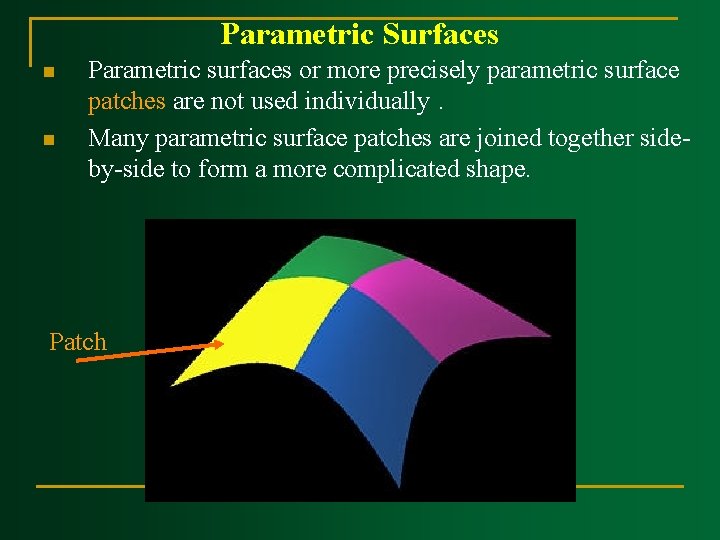 Parametric Surfaces n n Parametric surfaces or more precisely parametric surface patches are not Parametric Surfaces n n Parametric surfaces or more precisely parametric surface patches are not