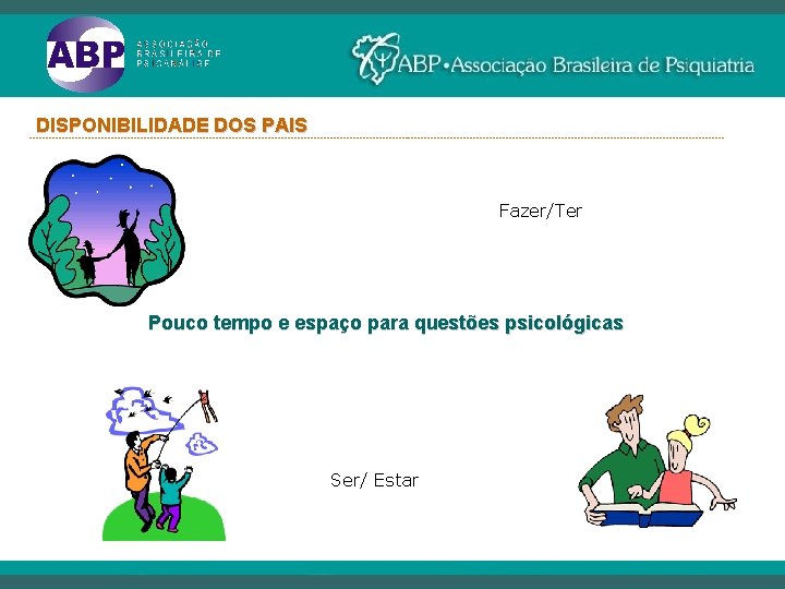 DISPONIBILIDADE DOS PAIS ----------------------------------------------------------------------------------------------------------- Fazer/Ter Pouco tempo e espaço para questões psicológicas Ser/ Estar