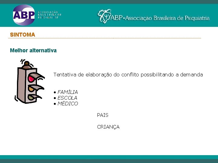 SINTOMA ----------------------------------------------------------------------------------------------------------- Melhor alternativa Tentativa de elaboração do conflito possibilitando a demanda • FAMÍLIA