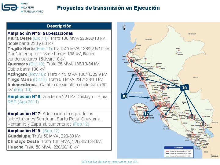 Proyectos de transmisión en Ejecución Descripción Ampliación N° 5: Subestaciones Piura Oeste (Dic. 11):