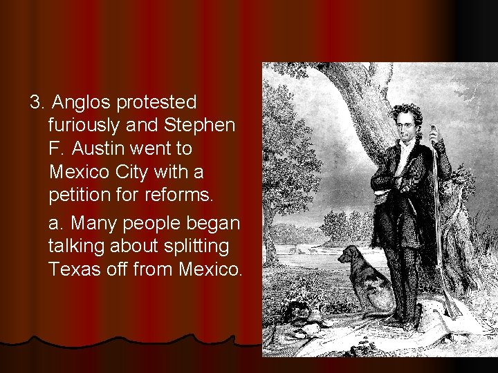 3. Anglos protested furiously and Stephen F. Austin went to Mexico City with a