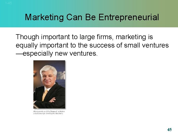 1 -45 Marketing Can Be Entrepreneurial Though important to large firms, marketing is equally