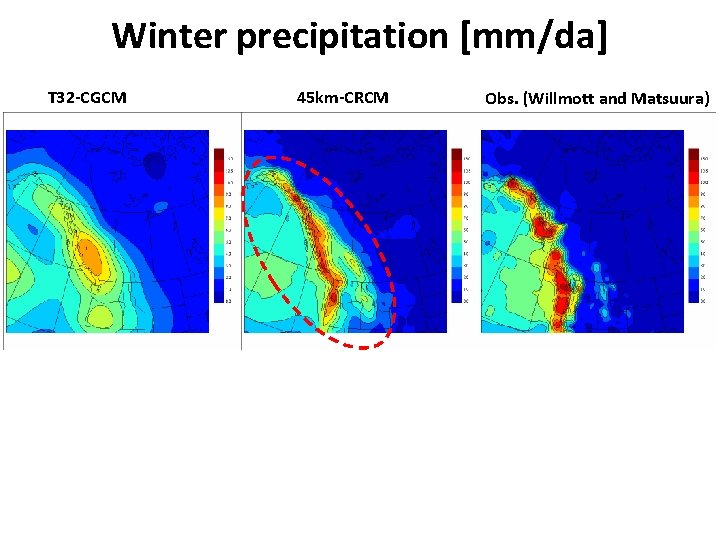 Winter precipitation [mm/da] T 32 -CGCM 45 km-CRCM Obs. (Willmott and Matsuura) 