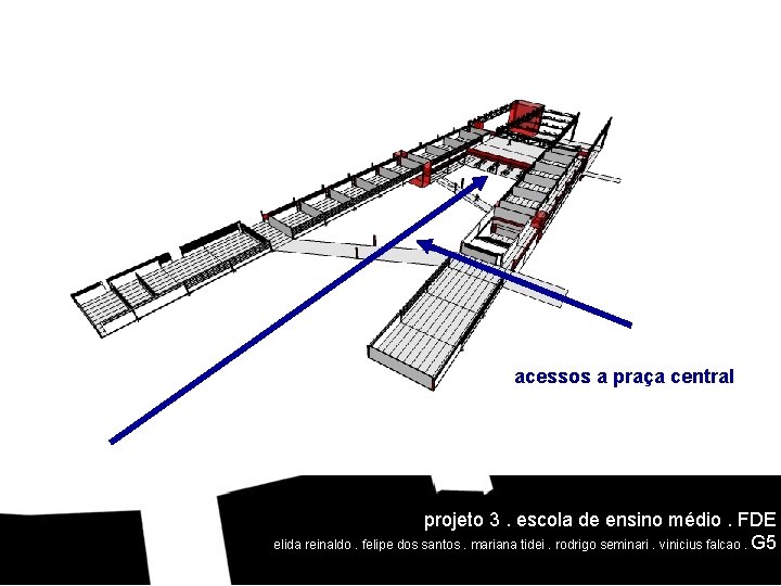 acessos a praça central recapitulando. . . projeto 3. escola de ensino médio. FDE