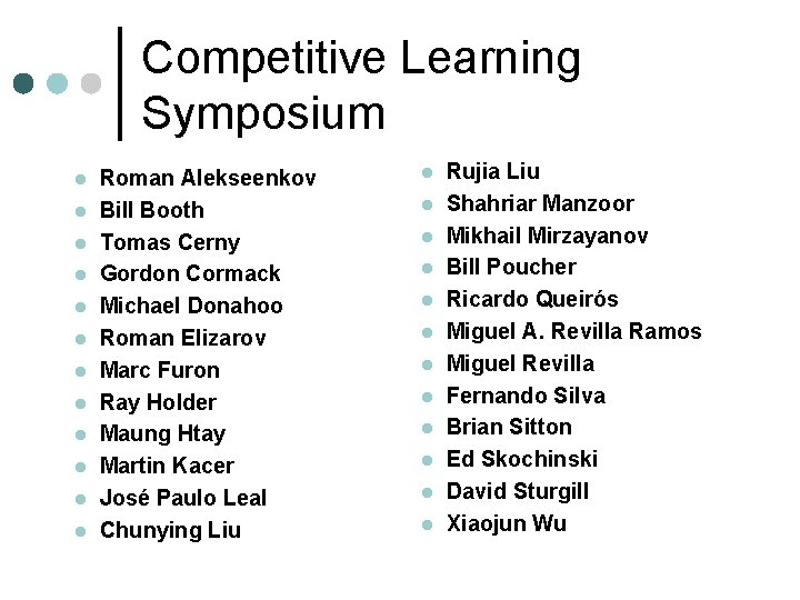 Competitive Learning Symposium l l l Roman Alekseenkov Bill Booth Tomas Cerny Gordon Cormack