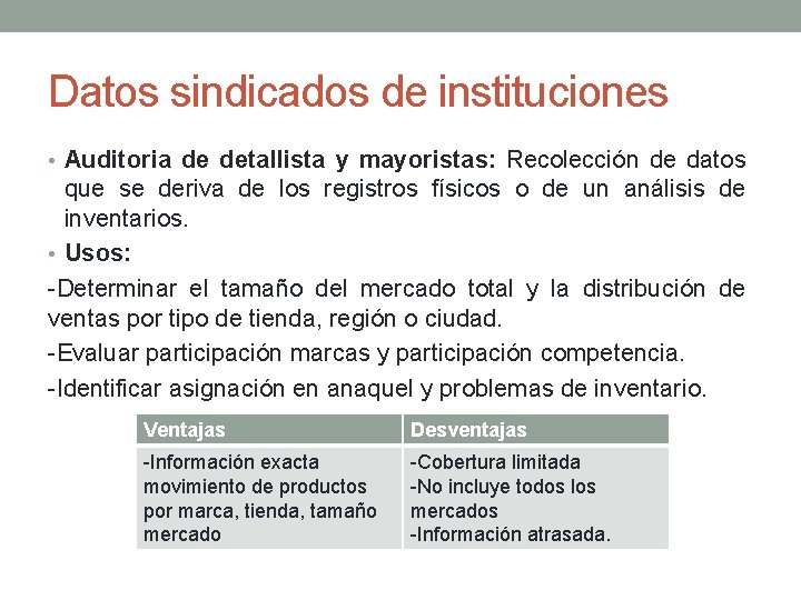 Datos sindicados de instituciones • Auditoria de detallista y mayoristas: Recolección de datos que