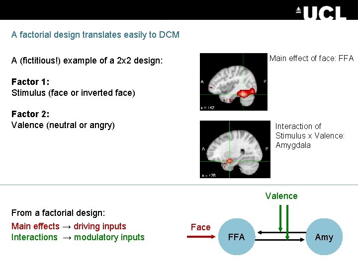 A factorial design translates easily to DCM Main effect of face: FFA A (fictitious!)